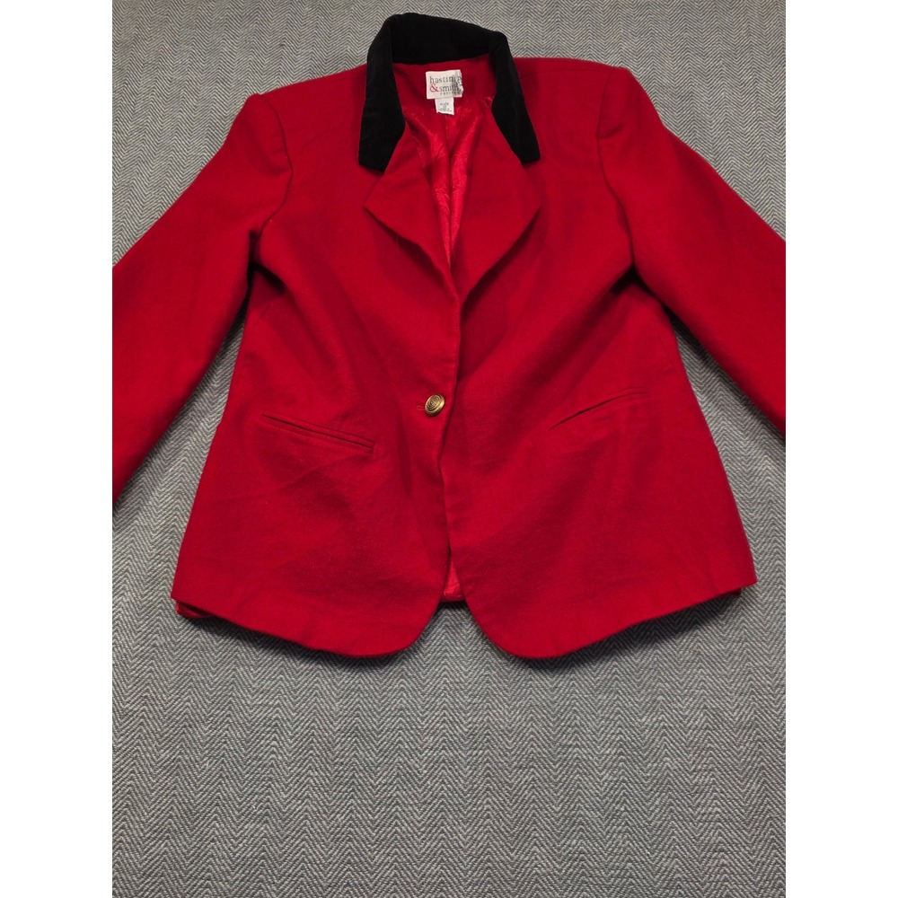 Hastings & Smith Red 100% Wool Blazer Black Velvet Collar Gold Button Petite 12